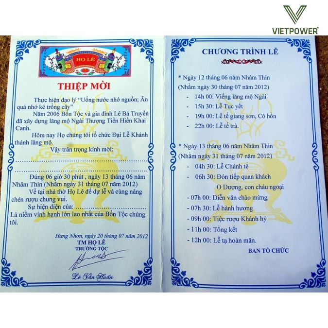 Mẫu thiệp mời khánh thành lăng mộ dòng họ Lê Bá, kèm chương trình lễ chi tiết 2 ngày
