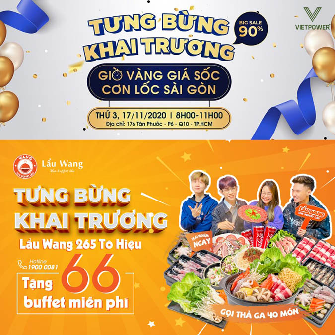 Mẫu banner khai trương cửa hàng ăn uống với hình minh họa