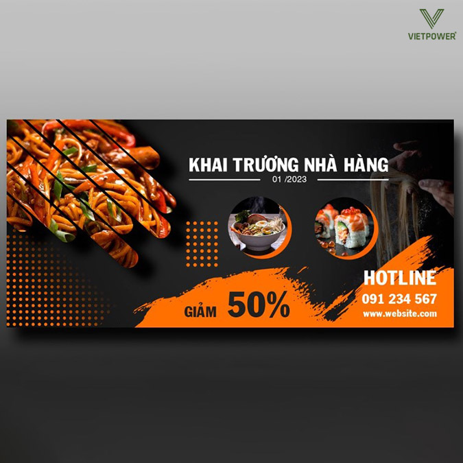 Mẫu banner khai trương nhà hàng với đủ thông tin