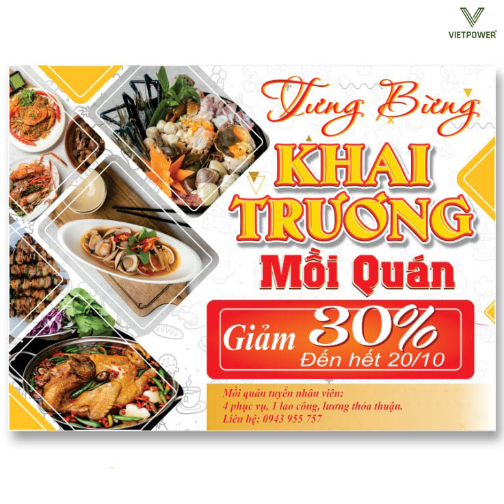 Banner khai trương quán ăn với hình ảnh minh họa món ăn của quán
