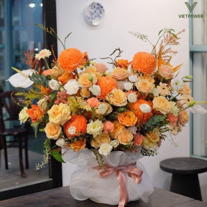 Lẵng hoa chúc mừng mang phong cách nhẹ nhàng