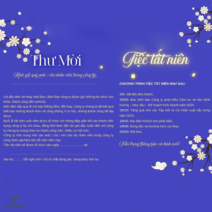 Thư mời tất niên thể hiện sự trân trọng và biết ơn gửi đến nhân viên, khách hàng, đối tác Thư mời tất niên thể hiện sự trân trọng và biết ơn gửi đến nhân viên, khách hàng, đối tác