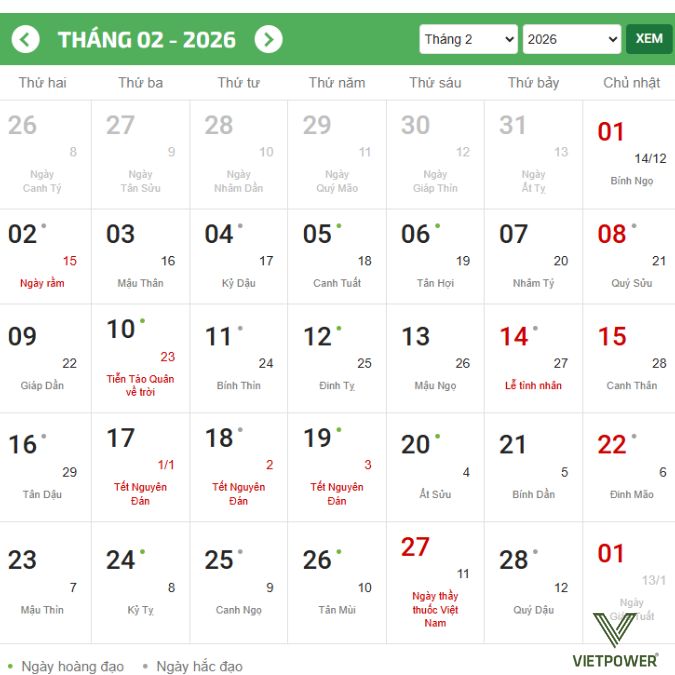 Lịch nghỉ Tết Nguyên Đán 2026 (tham khảo đề xuất của Chính phủ)